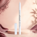 Marom EVER BEAUTY white waterproof eye contour pencil standing on a circular platform with soft pink background.