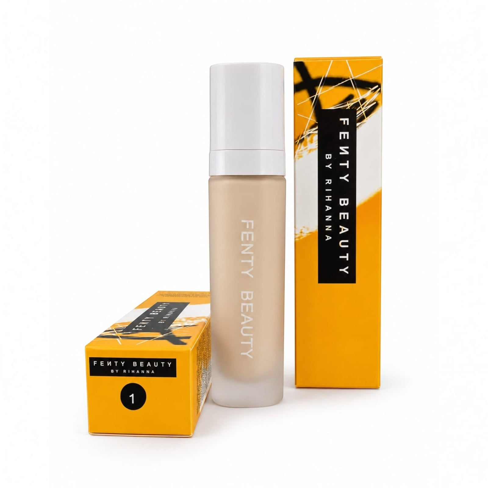 Marom FENTY BEAUTY by RIHANNA liquid foundation bottle with its signature yellow and black packaging box