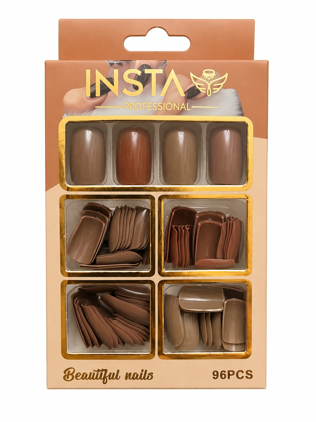 Marom Insta 96PCS professional press-on nail kit featuring assorted brown and nude shades in a square shape.