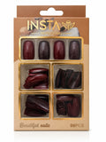 Marom Insta 96PCS professional press-on nail set in a deep glossy burgundy shade with various sizes in a box