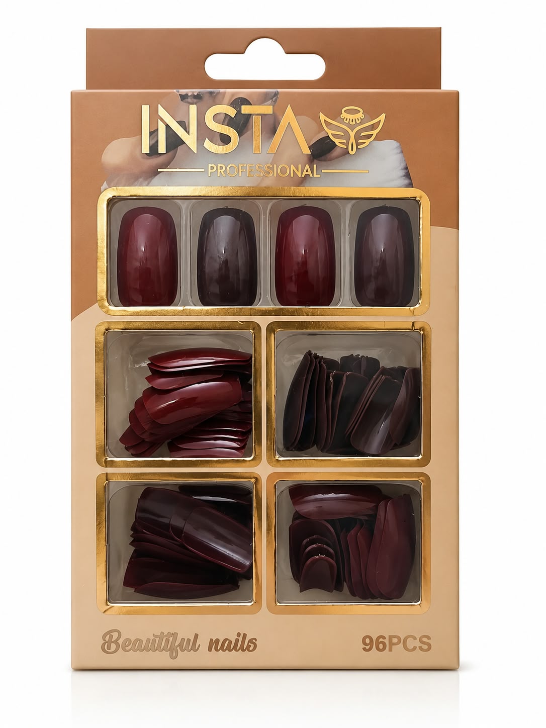 Marom Insta 96PCS professional press-on nail set in a deep glossy burgundy shade with various sizes in a box