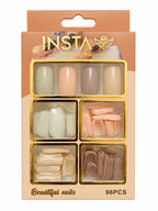 Marom Insta 96PCS professional press-on nail set in assorted nude and neutral tones with a square shape