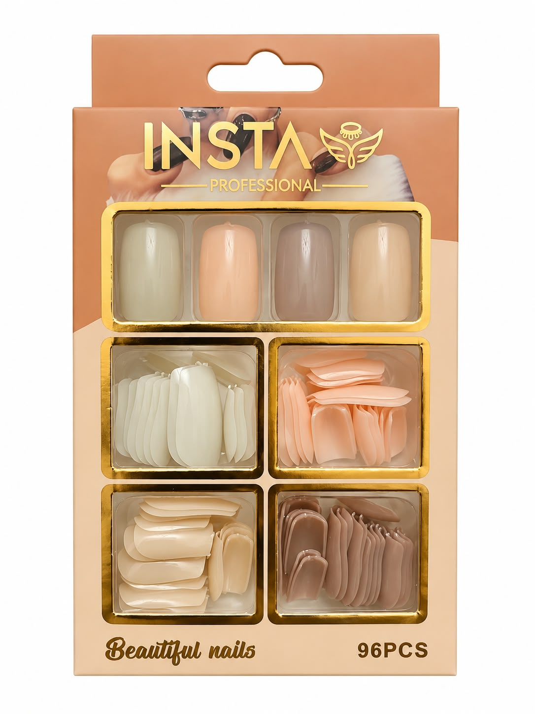 Marom Insta 96PCS professional press-on nail set in assorted nude and neutral tones with a square shape