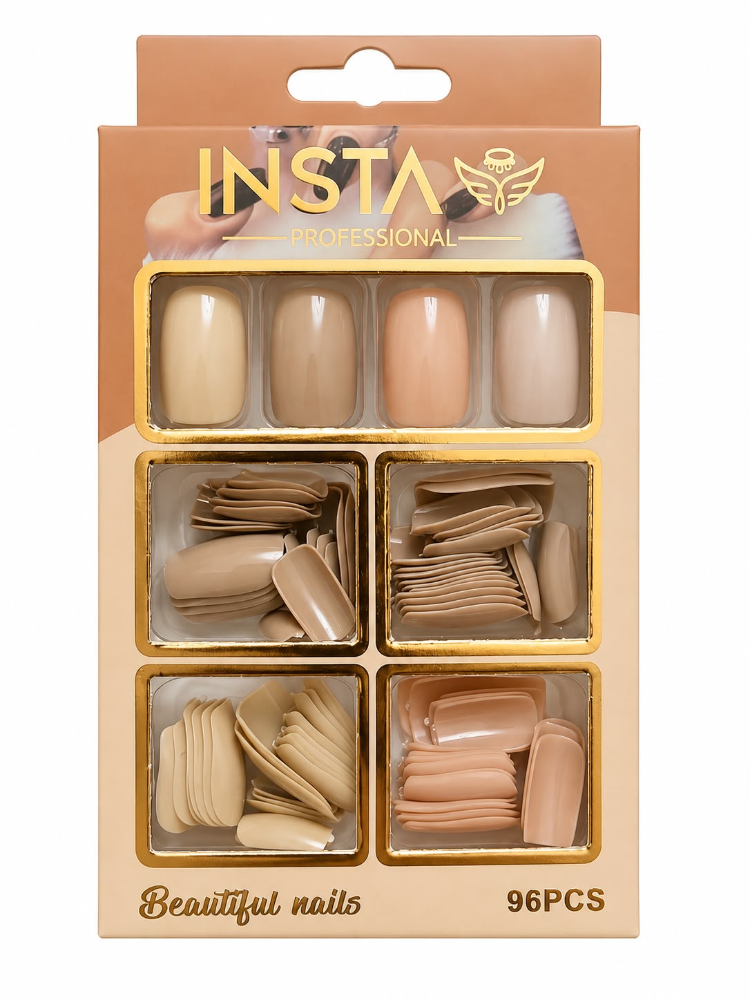 Marom Insta 96PCS professional press-on nail set in assorted nude and beige shades with a square tip finish