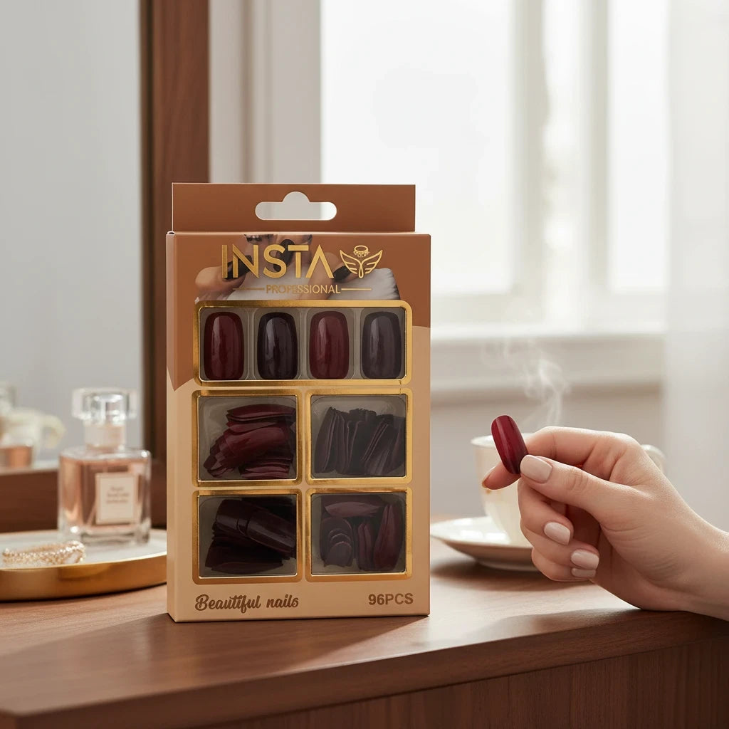 Marom INSTA PROFESSIONAL 96-piece burgundy press-on nail set in packaging with a hand holding a single nail