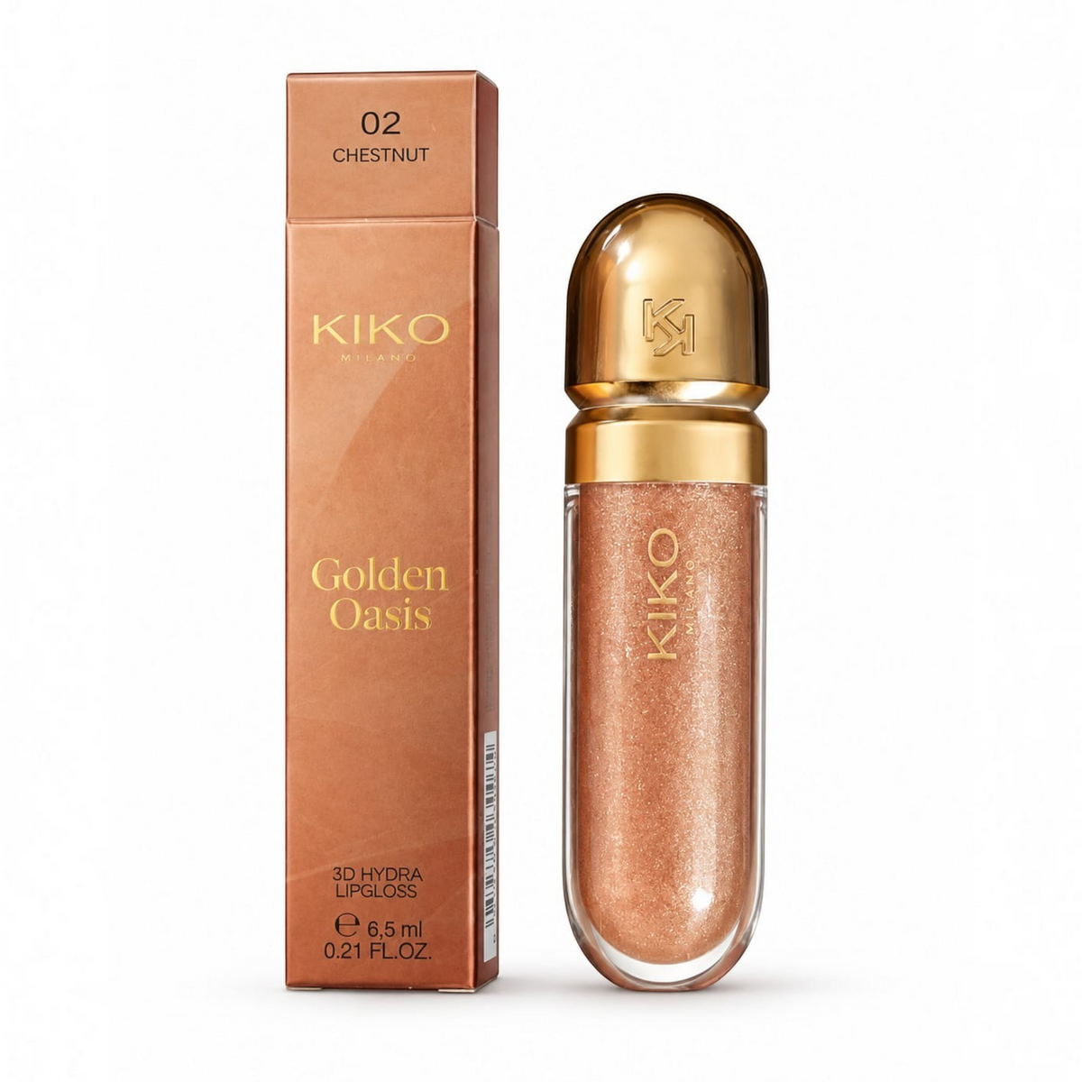 Marom KIKO MILANO Golden Oasis 3D Hydra Lipgloss in shade 02 Chestnut with its matching metallic bronze packaging.