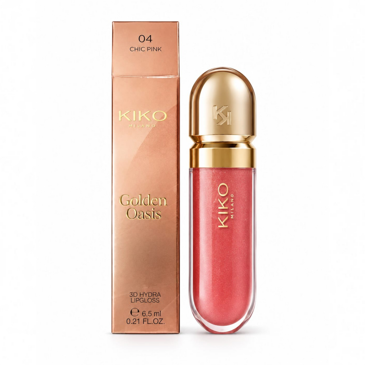 Marom KIKO MILANO Golden Oasis 3D Hydra Lipgloss in shade 04 Chic Pink with gold packaging and applicator