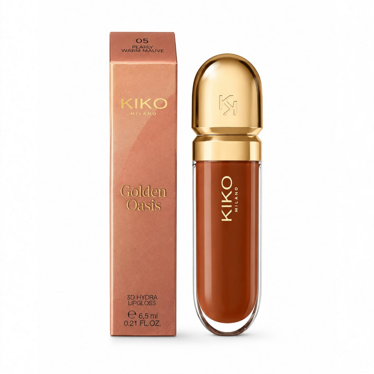 Marom KIKO MILANO Golden Oasis 3D Hydra Lipgloss in shade 05 Pearly Warm Mauve with gold cap and matching box