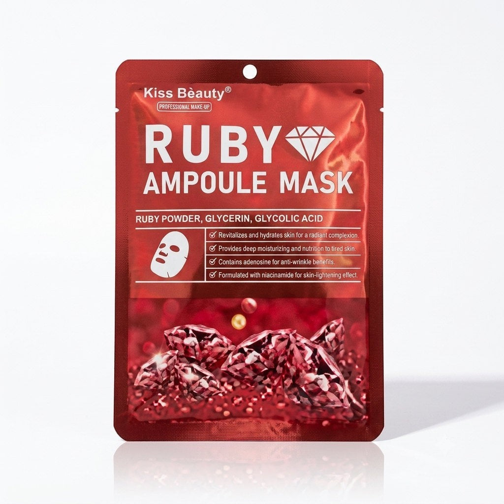 Marom Kiss Beauty Ruby Ampoule Mask in a red sachet featuring ruby powder, glycerin, and glycolic acid ingredients.