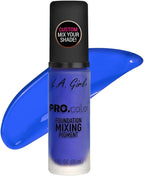 Marom L.A. Girl Pro Color blue foundation mixing pigment in a 30ml bottle with a custom shade swatch behind it.