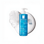 Marom La Roche Posay Effaclar Purifying Foaming Gel in a blue pump bottle with a splash of white cleansing foam