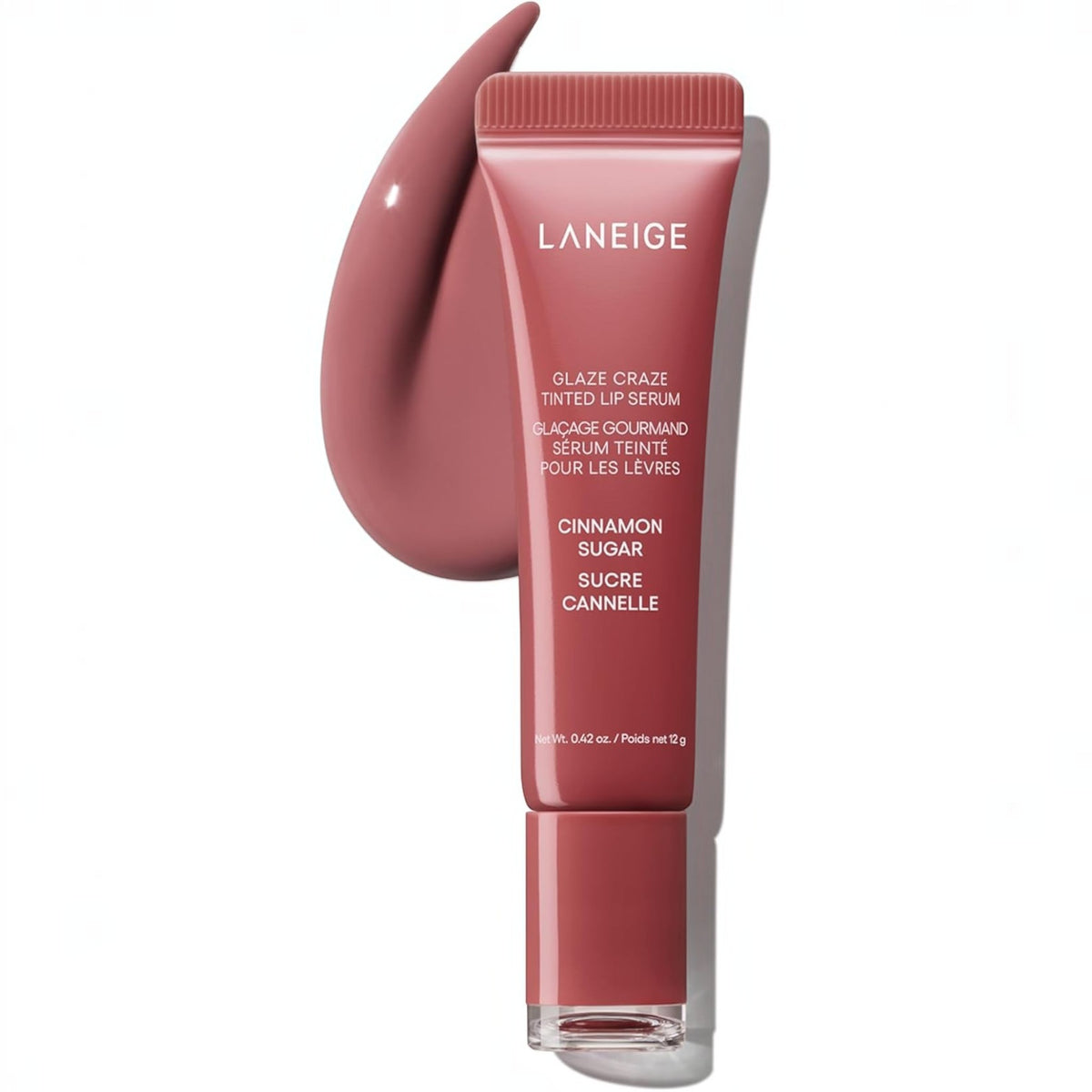 Marom LANEIGE Glaze Craze Tinted Lip Serum in Cinnamon Sugar shade with a swatch of the mauve-toned product.