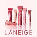 Marom collection of LANEIGE Glaze Craze Tinted Lip Serum tubes in various pink and nude shades on a reflective surface