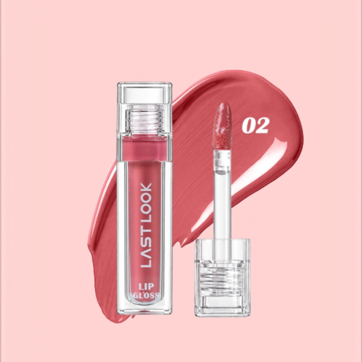 Marom Last Look hydrating lip gloss in shade 02, a dusty rose color with a high-shine finish and precision applicator.