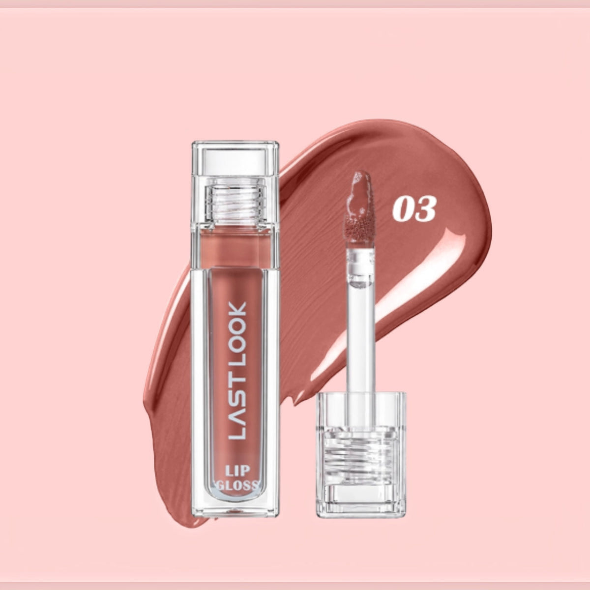 Marom LAST LOOK hydrating lip gloss in shade 03, a warm neutral mauve with a high-shine finish and precision wand.