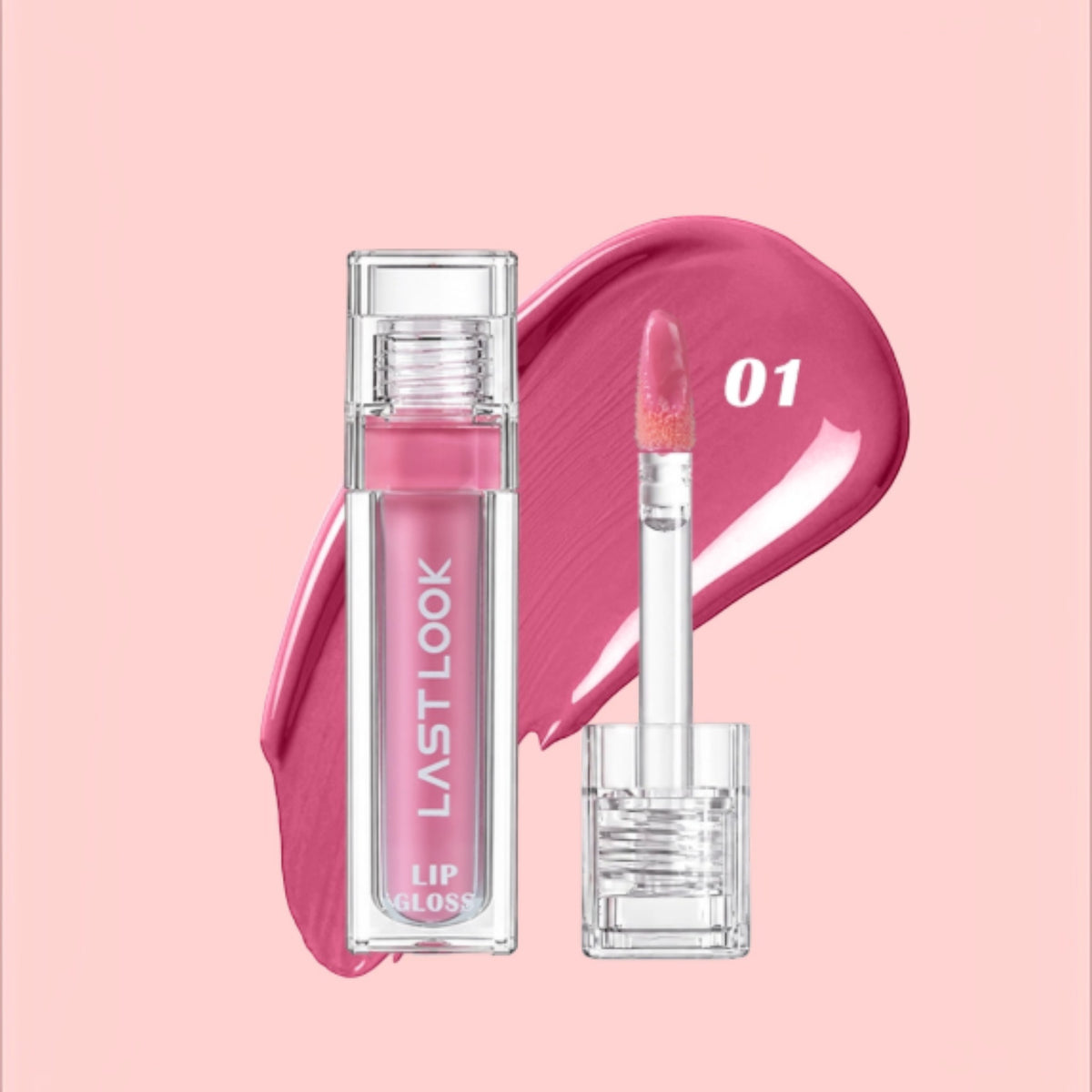 Marom Last Look hydrating lip gloss in shade 01, a vibrant pink with a high-shine finish and precision applicator.
