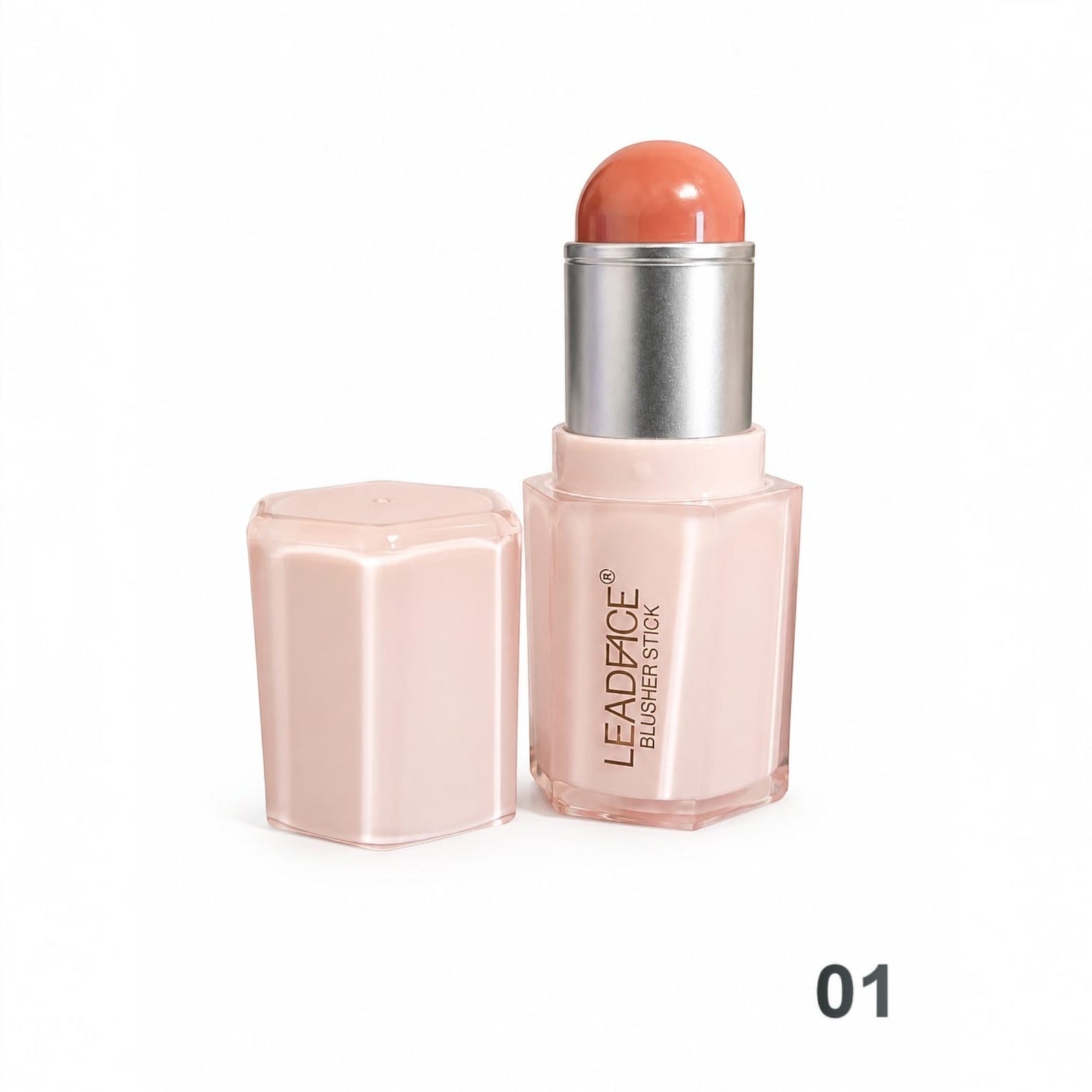 Marom Leadface blusher stick in a soft peach shade with a pale pink hexagonal case and silver applicator base