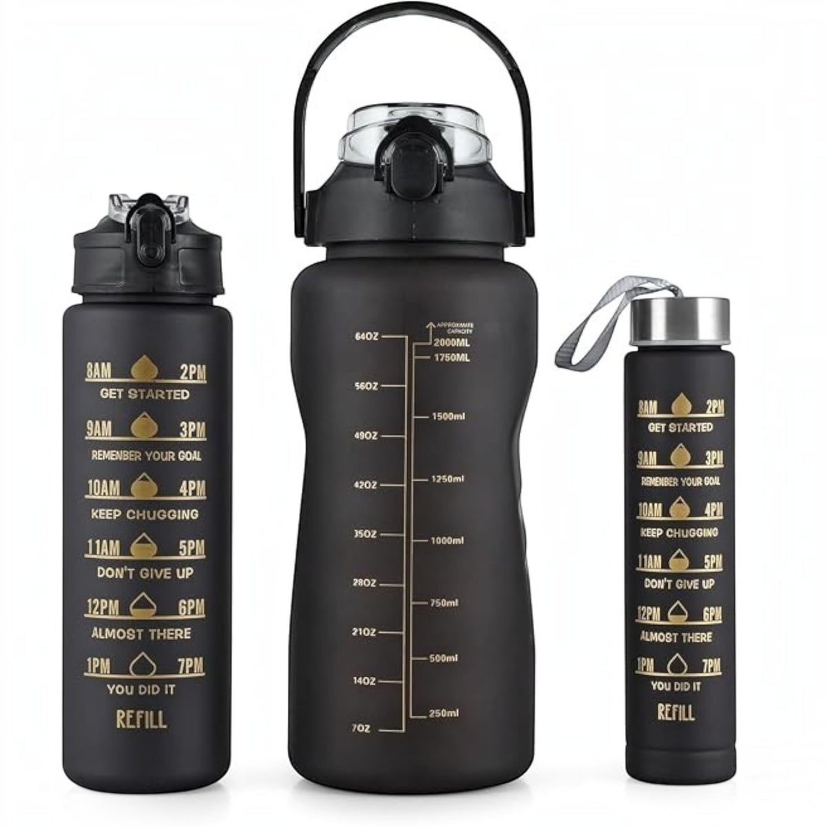 Marom set of three matte black motivational water bottles with time markers in 2000ml, 900ml, and 300ml sizes