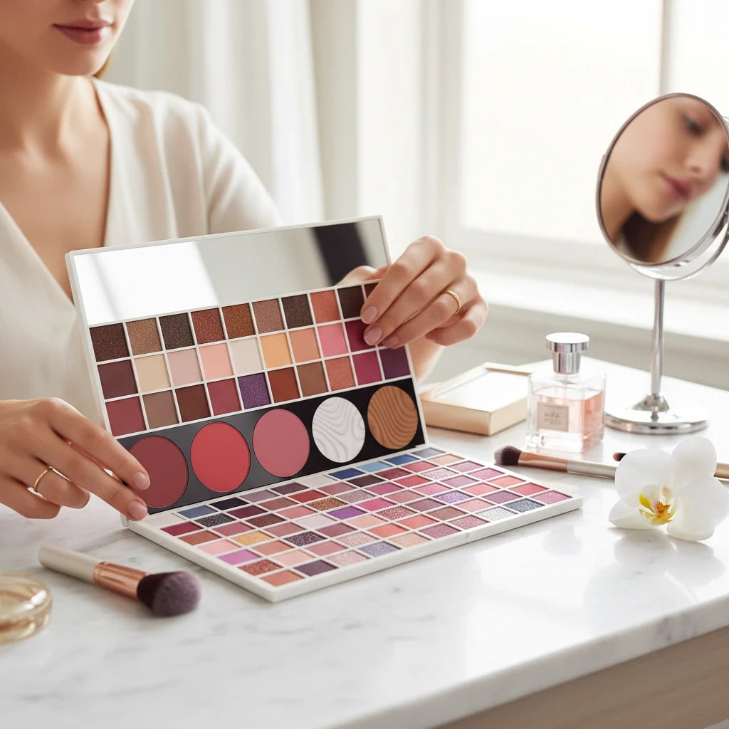 Marom Might Cinema 105-color professional eyeshadow palette with matte and shimmer shades on a vanity table.