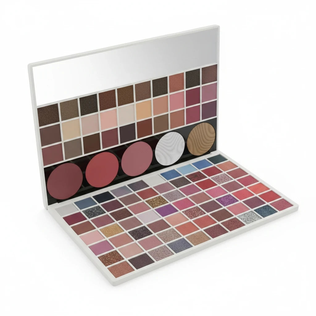 Marom Might Cinema professional eyeshadow palette with 105 matte and shimmer shades in a white case with a mirror.