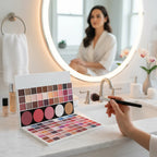 Marom Might Cinema 105-color eyeshadow palette with matte and shimmer shades on a marble bathroom vanity