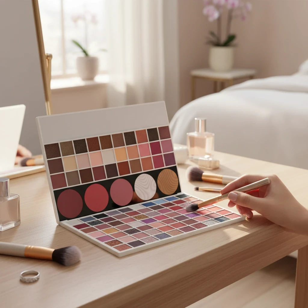 Marom Might Cinema 105-color eyeshadow palette with matte and shimmer shades being used with a makeup brush.