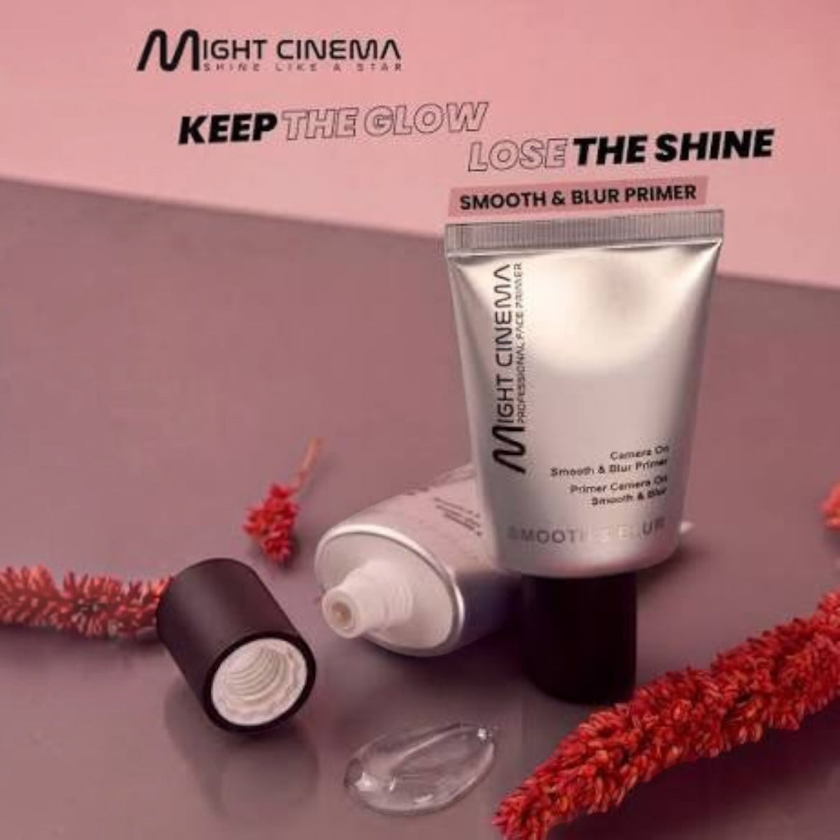 Marom Might Cinema Smooth and Blur face primer tube with a matte finish, shown with a drop of clear gel formula.