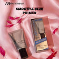 Marom Might Cinema Smooth and Blur face primer tube and box on a soft pink silk background with decorative flowers