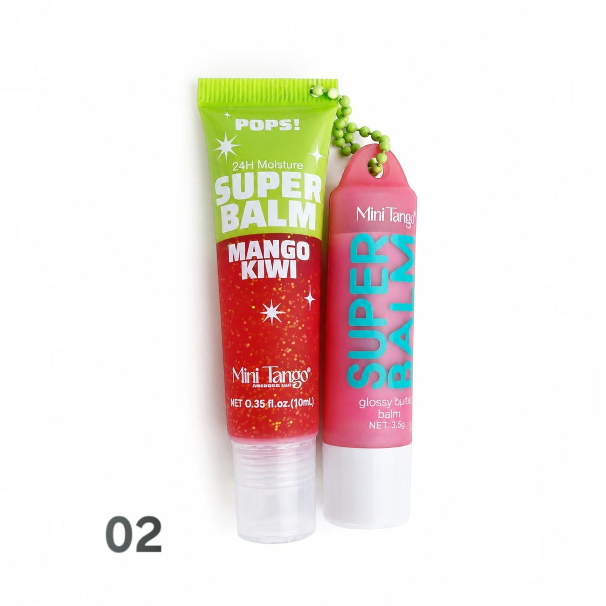 Marom Pops! Mini Tango Super Balm duo set featuring a mango kiwi squeeze tube and a pink glossy butter balm stick.