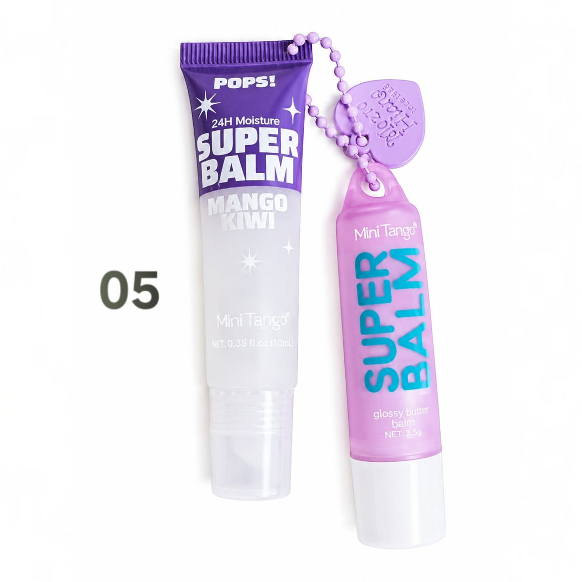 Marom Pops! Mini Tango Super Balm duo set featuring a purple squeeze tube and a glossy butter balm stick with a charm.