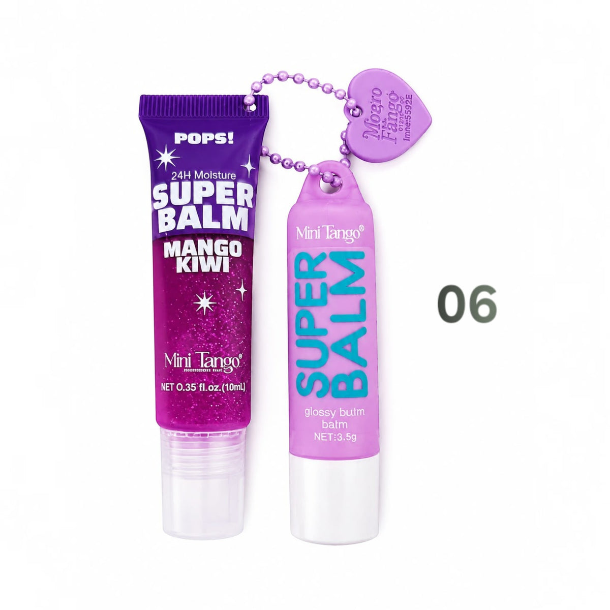 Marom Pops! Mini Tango Super Balm duo set featuring a purple mango kiwi squeeze tube and a glossy butter balm stick.