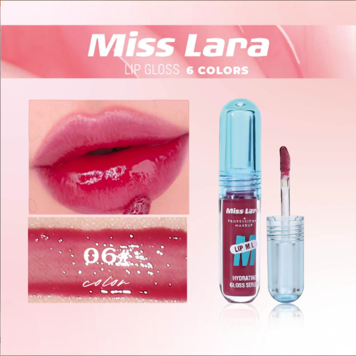 Marom Miss Lara hydrating lip gloss serum in shade 06, featuring a high-shine red finish and precise applicator wand.