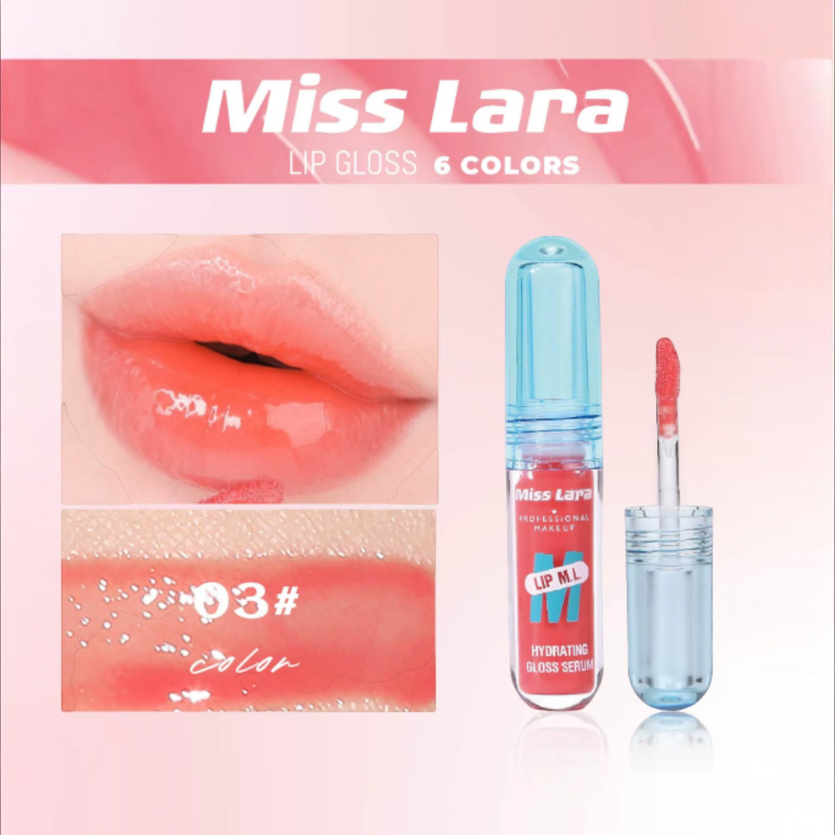 Marom Miss Lara hydrating lip gloss serum in shade 03, featuring a high-shine finish and a precise applicator wand.