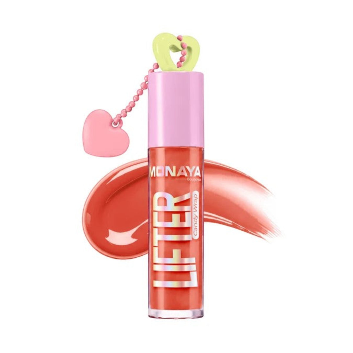 Marom Monaya high-shine lip gloss in a vibrant coral shade with a cute heart-shaped charm on the cap.