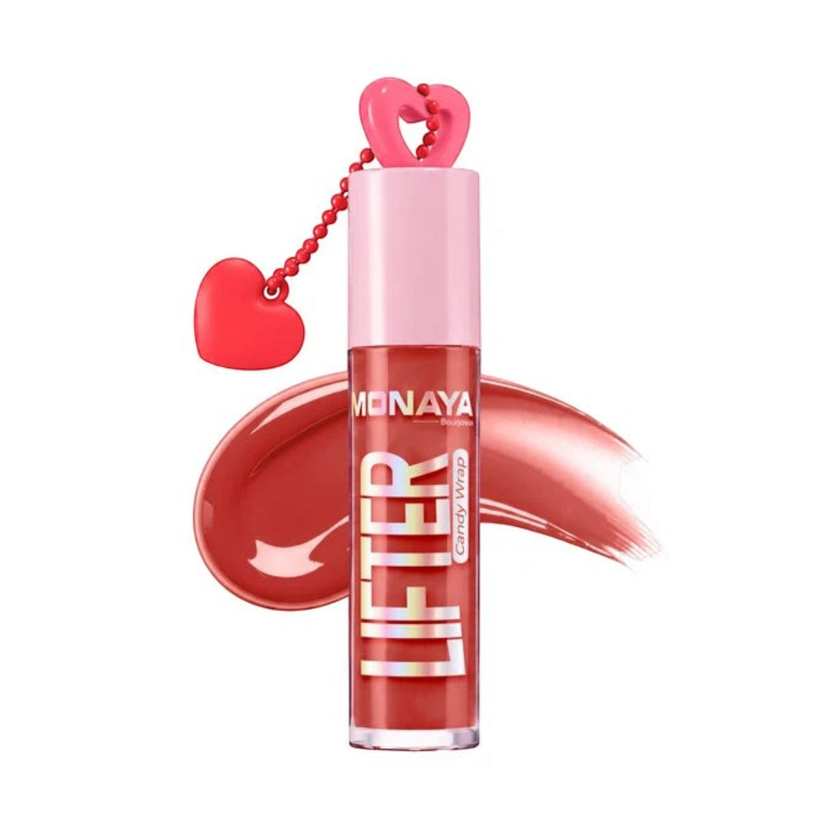 Marom Monaya high-shine lip gloss in a warm coral shade with a heart-shaped charm on the cap