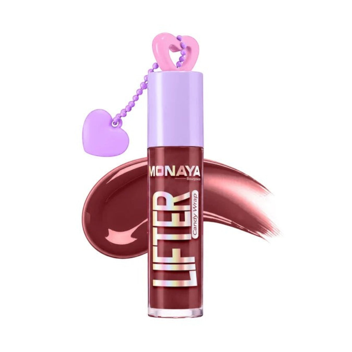Marom Monaya high-shine lip gloss in a deep mauve shade with a cute heart-shaped charm on the cap