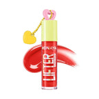 Marom Monaya high-shine red lip gloss in a clear tube with a yellow cap and heart-shaped charm