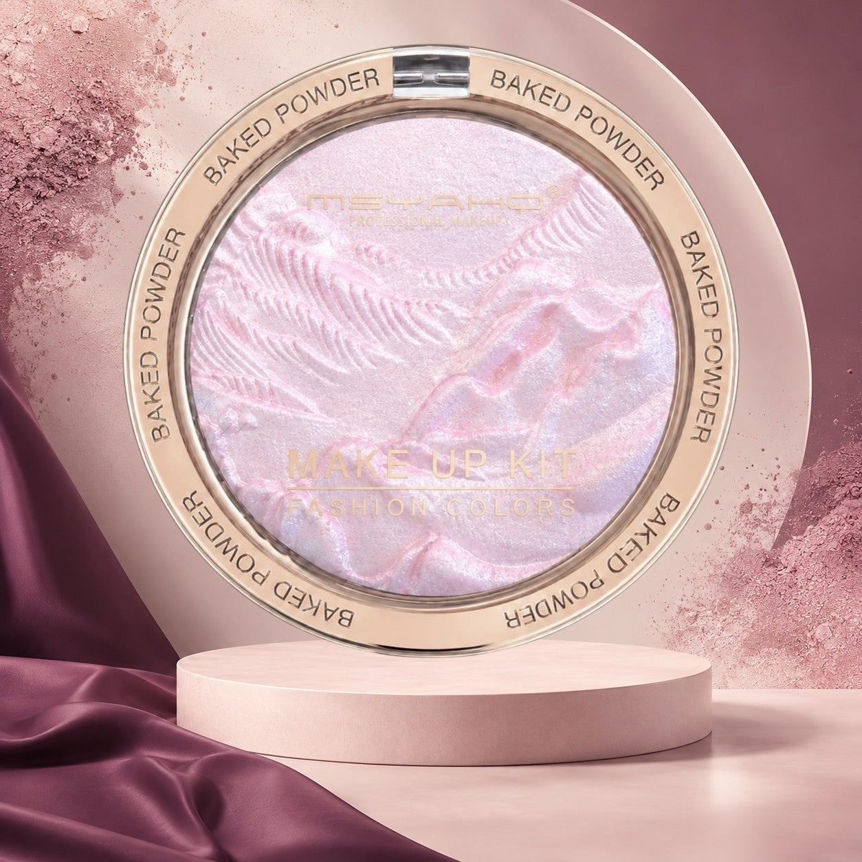 Marom MSYAHO baked powder makeup palette featuring a shimmering iridescent pink highlighter in a round gold compact.