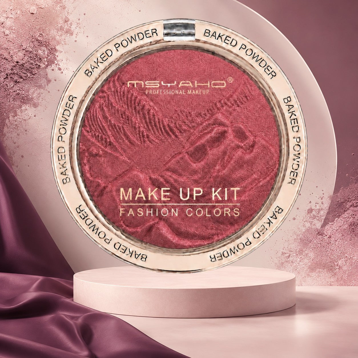Marom MSYAHO baked powder makeup palette in a deep rose shade with a textured finish for face glow and definition.