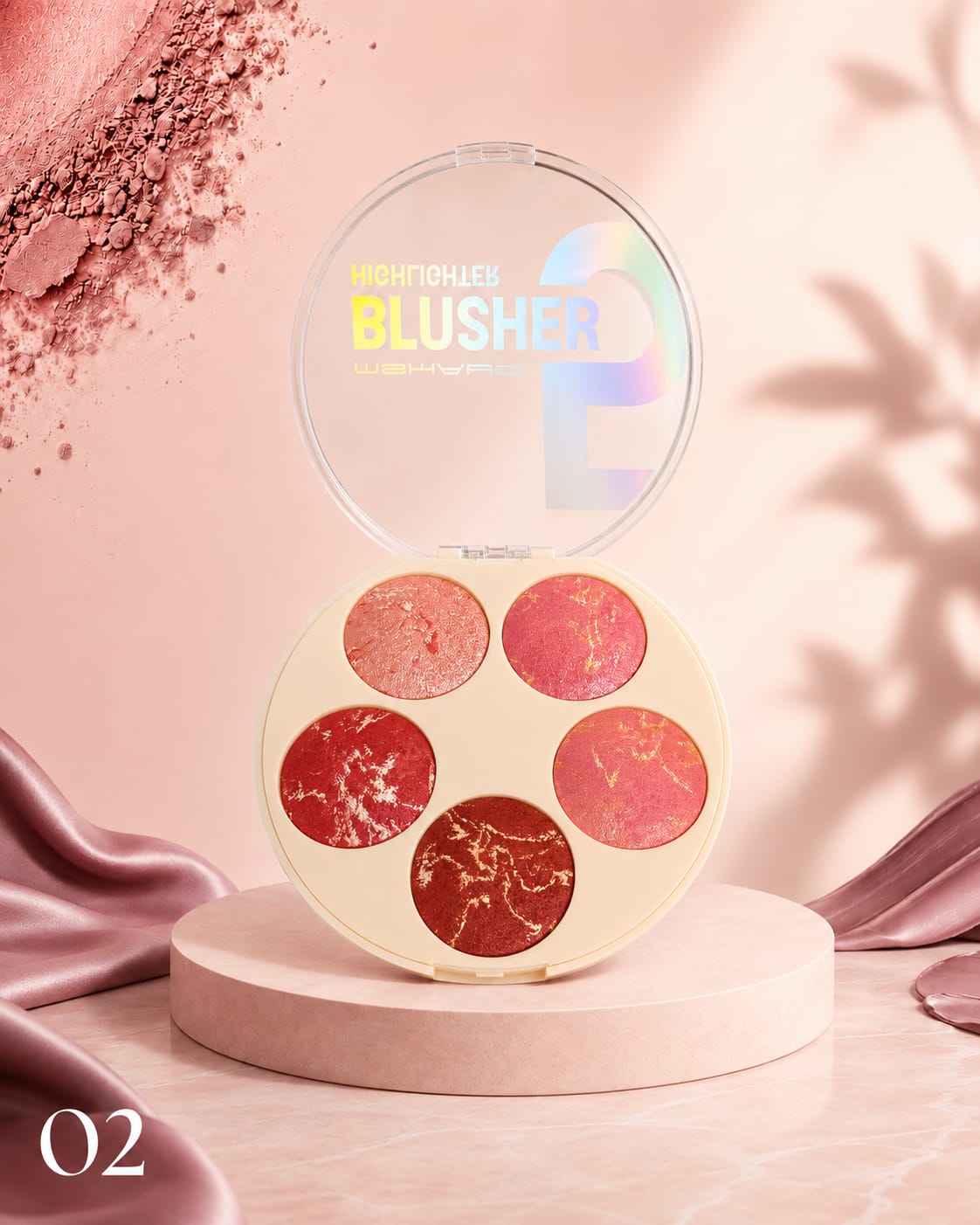 Marom Msyaho round palette featuring five marbled pink and red blusher and highlighter shades on a pedestal