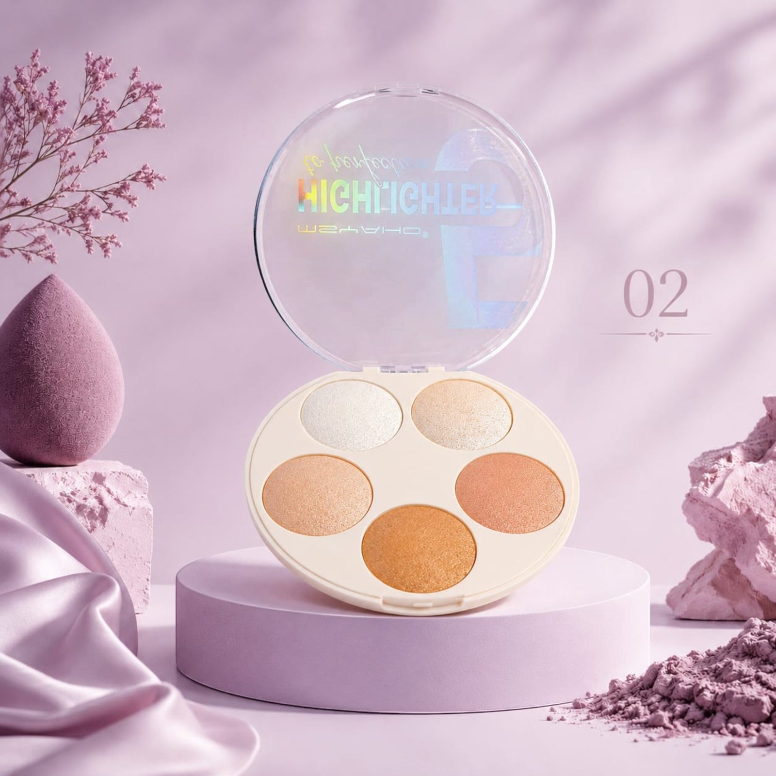 Marom Msyaho Highlighter Perfection palette featuring five shimmering shades in a round compact on a lilac pedestal.