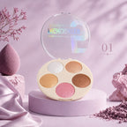 Marom Msyaho Highlighter Perfection palette with five shimmering shades in a round compact on a purple pedestal.