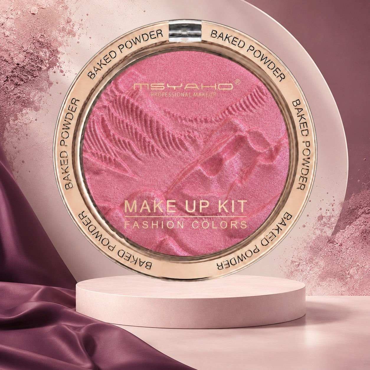 Marom MSYAHO baked powder makeup palette in a shimmering pink shade with embossed floral design on a pedestal