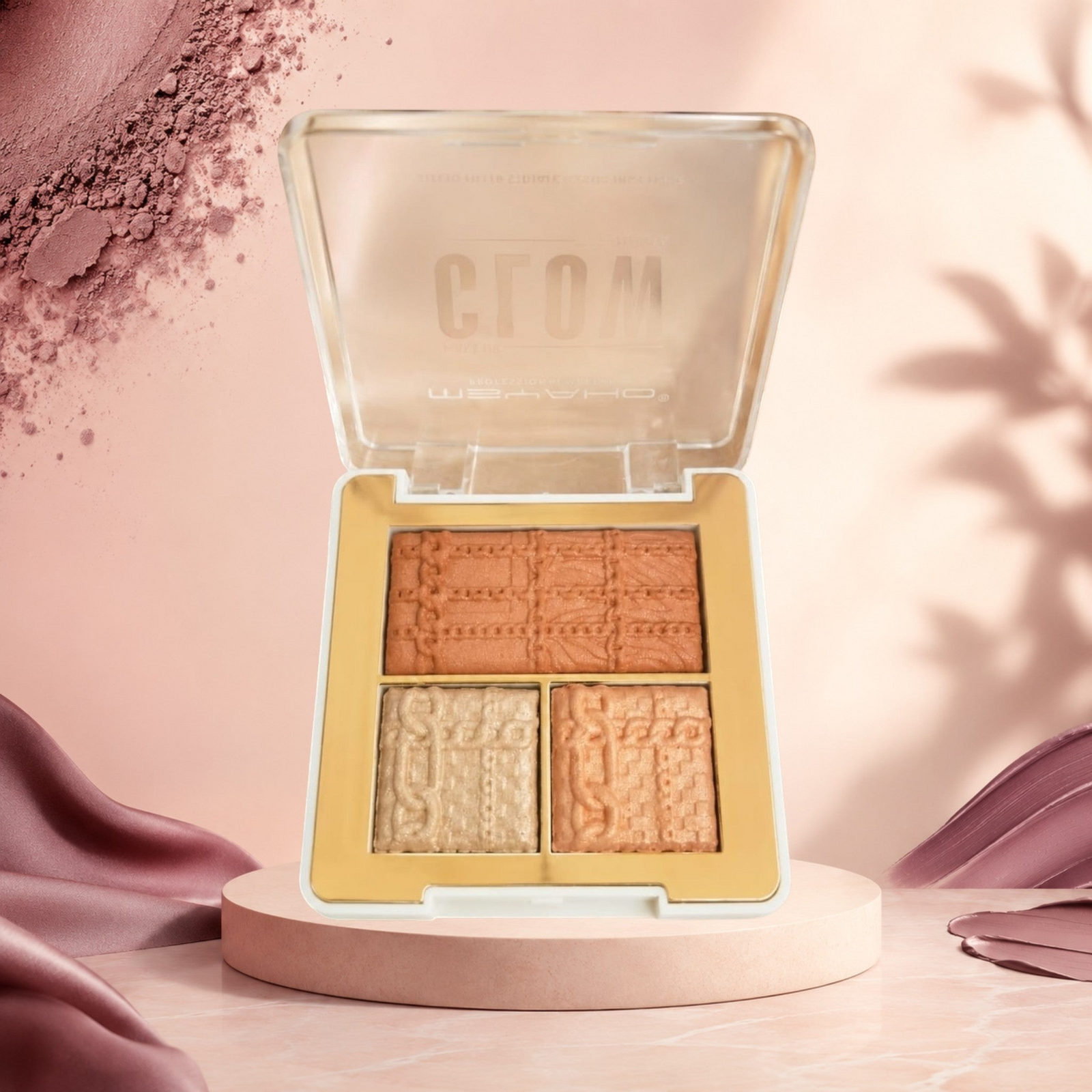 Marom Msyaho Teracotta Glow Palette featuring three embossed blush and highlighter shades on a pedestal