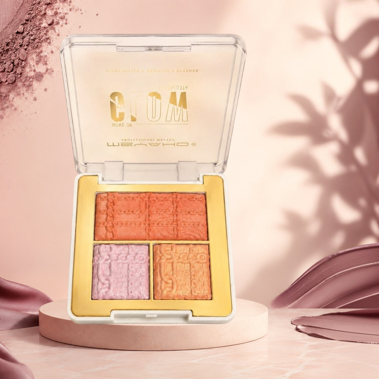 Marom Msyaho Teracotta Glow Palette featuring three shades of blush and highlighter with embossed textured patterns