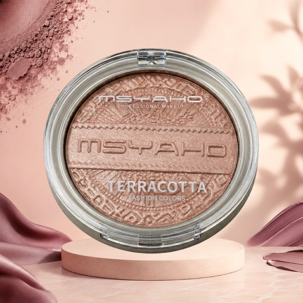 Marom MSYAHO Terracotta Blush in a round compact with a shimmering warm bronze powder finish.
