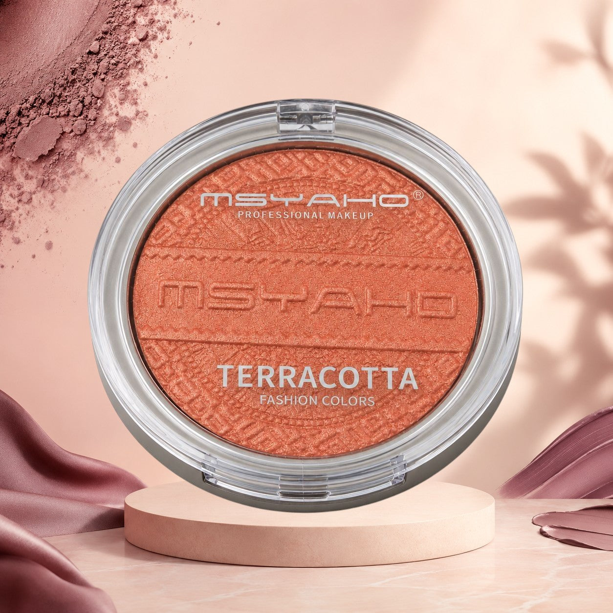 Marom MSYAHO Terracotta Blush in a round compact with a warm, shimmery orange-toned powder finish.