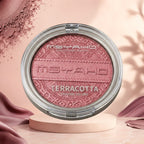 Marom MSYAHO Terracotta Blush in a round compact with a shimmery pinkish-terracotta powder and embossed pattern.