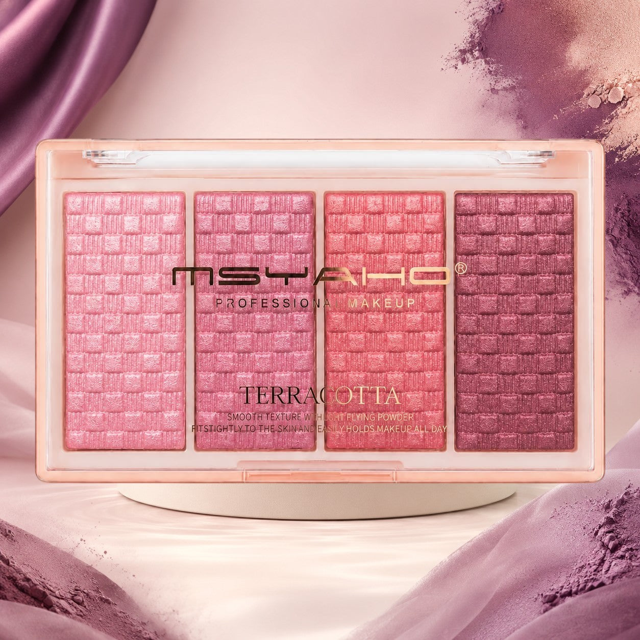 Marom MSYAHO Terracotta Blush Palette featuring four shimmering pink and berry powder shades with a woven texture.