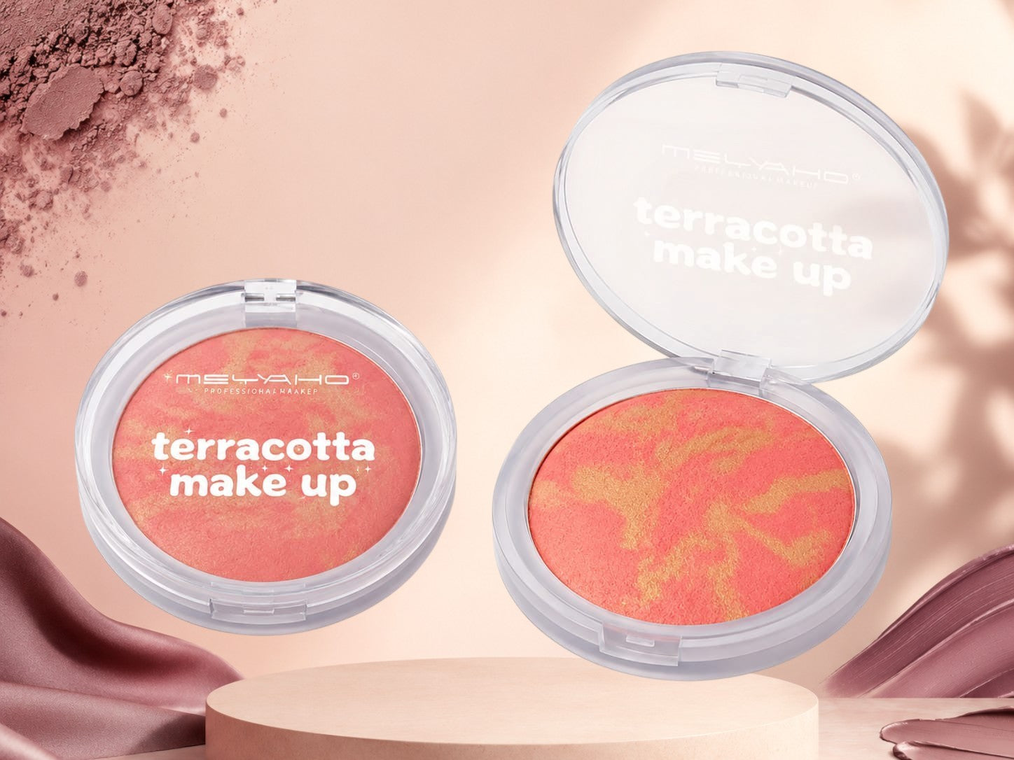 Marom MSYAHO terracotta makeup powder compacts with a marbled peach and gold finish for a warm, glowing complexion.